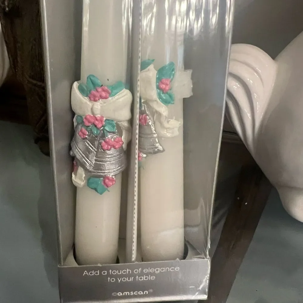Wedding Bells Vintage 10” Cream Taper Candles with Floral Details.